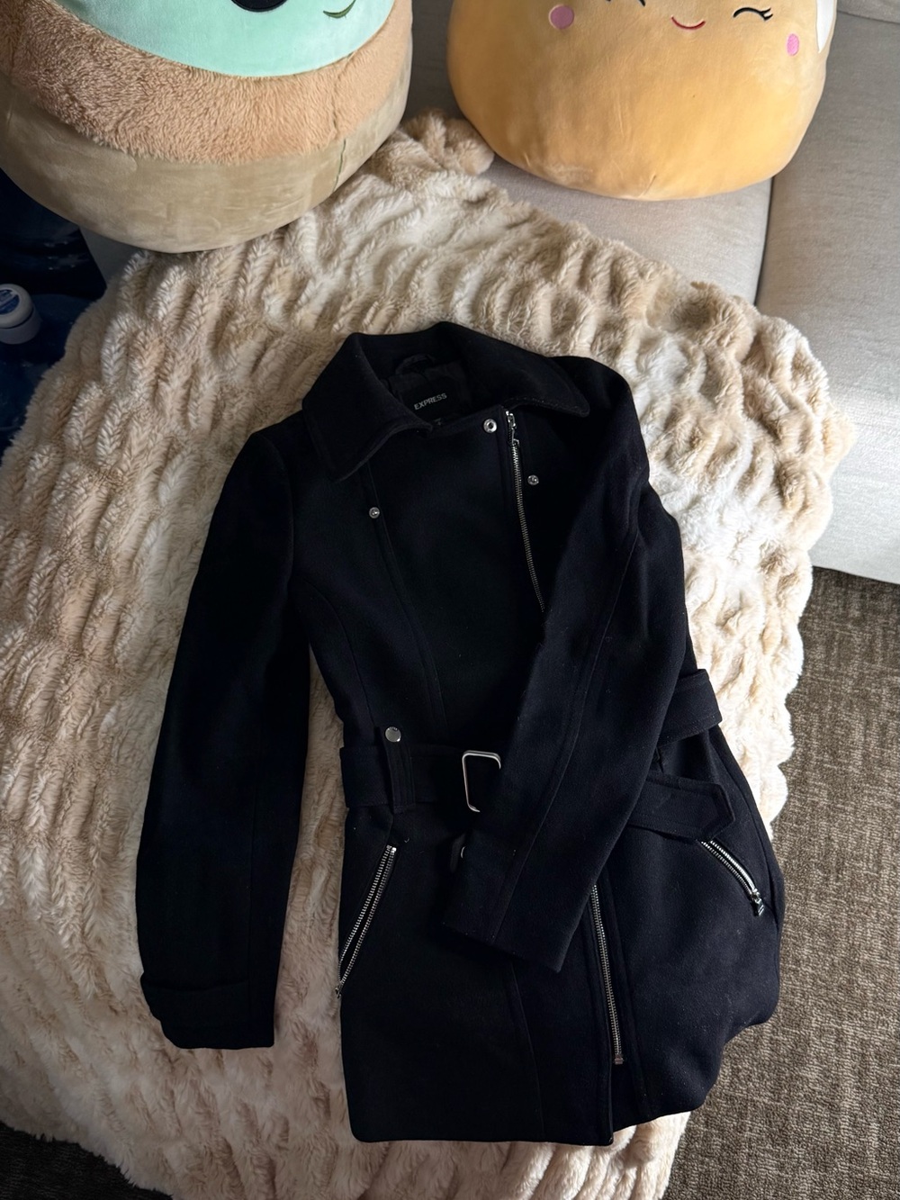 Express Black Belted Trench Coat with Asymmetrical Zip